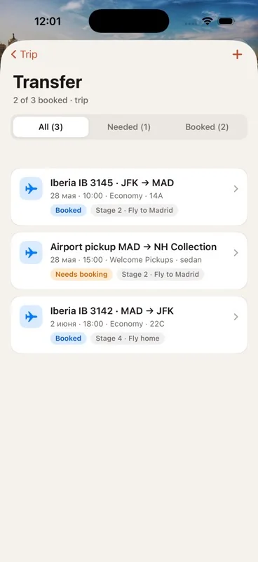 Flights and trains, in order.
